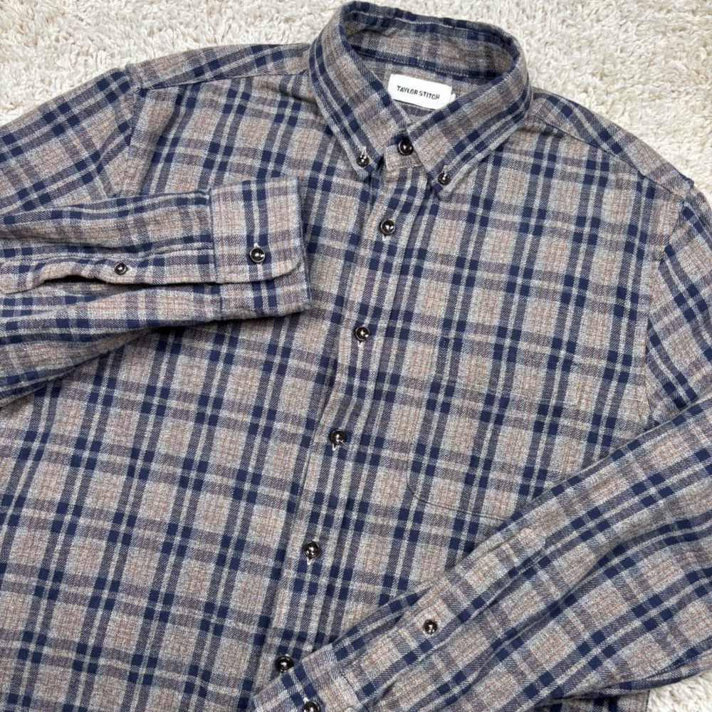 Taylor Stitch Flannel Shirt Mens 38 Gray Blue Plaid Organic Cotton Button Down